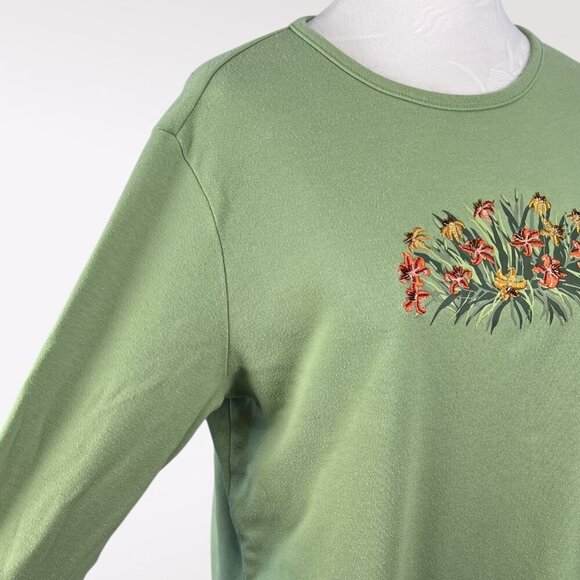 Classic Elements Green Embroidered Beaded Floral 3/4 Sleeve Top Size Large - Picture 7 of 10